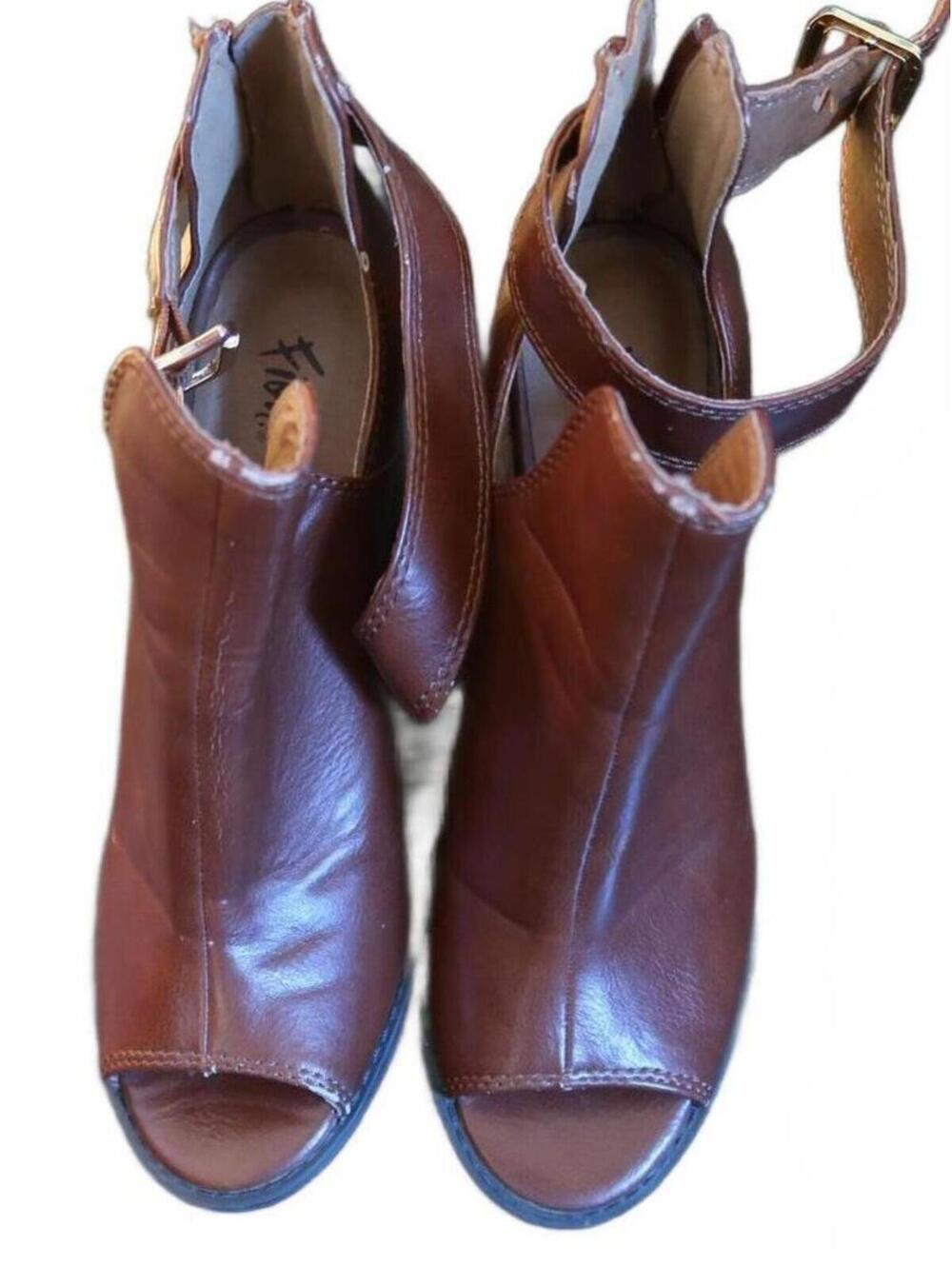 Fioni Brown faux Leather Open-Toe Ankle Boots with Block Heel